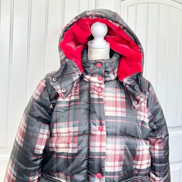 Urban Republic Women's Black & Red Plaid Faux Fur-Lined Hooded Puffer Jacket- Lg - Picture 7 of 12
